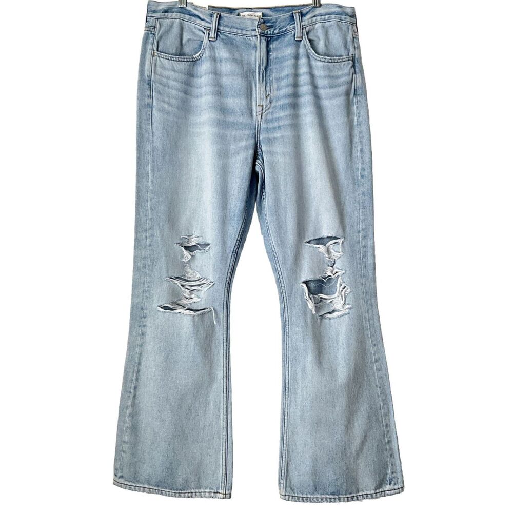 AE77 Organic Cotton The Crop Flare Busted Knee Jeans Blue 33 - Picture 3 of 13